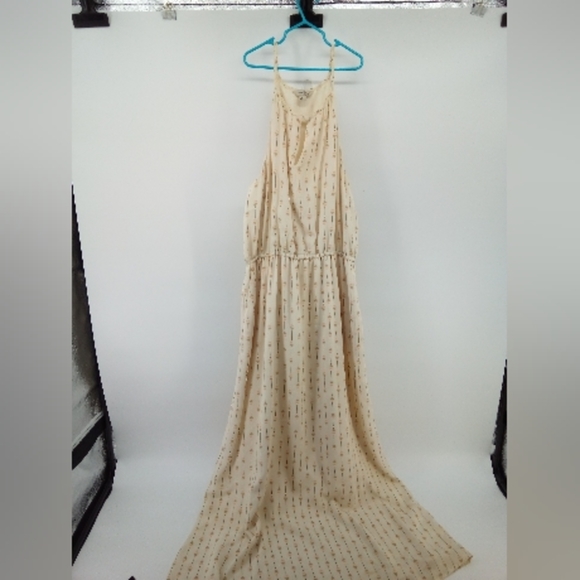 $168 Lucky Brand 100% Silk Geometric Print Maxi Dress L Boho Neutral - Picture 3 of 11